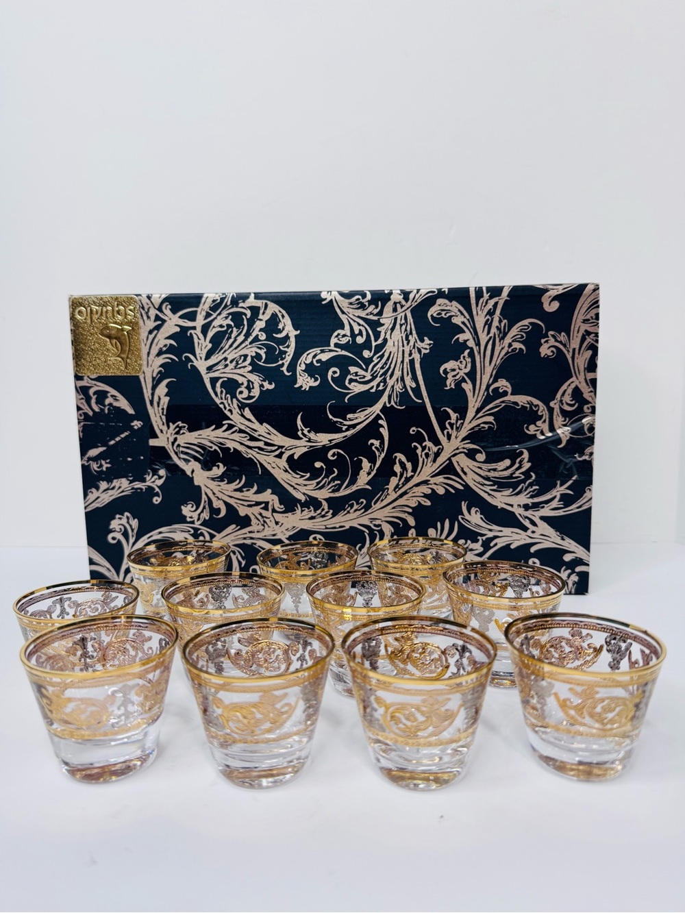 Turkish Arabic Coffee Glass Cups Gold Etched Set w/ Box Made in Turkey Set Of 11